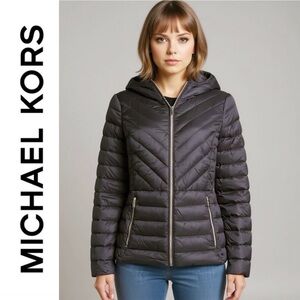 New Michael Kors Hooded Packable Down Puffer Jacket Coat Black Size XS NWT